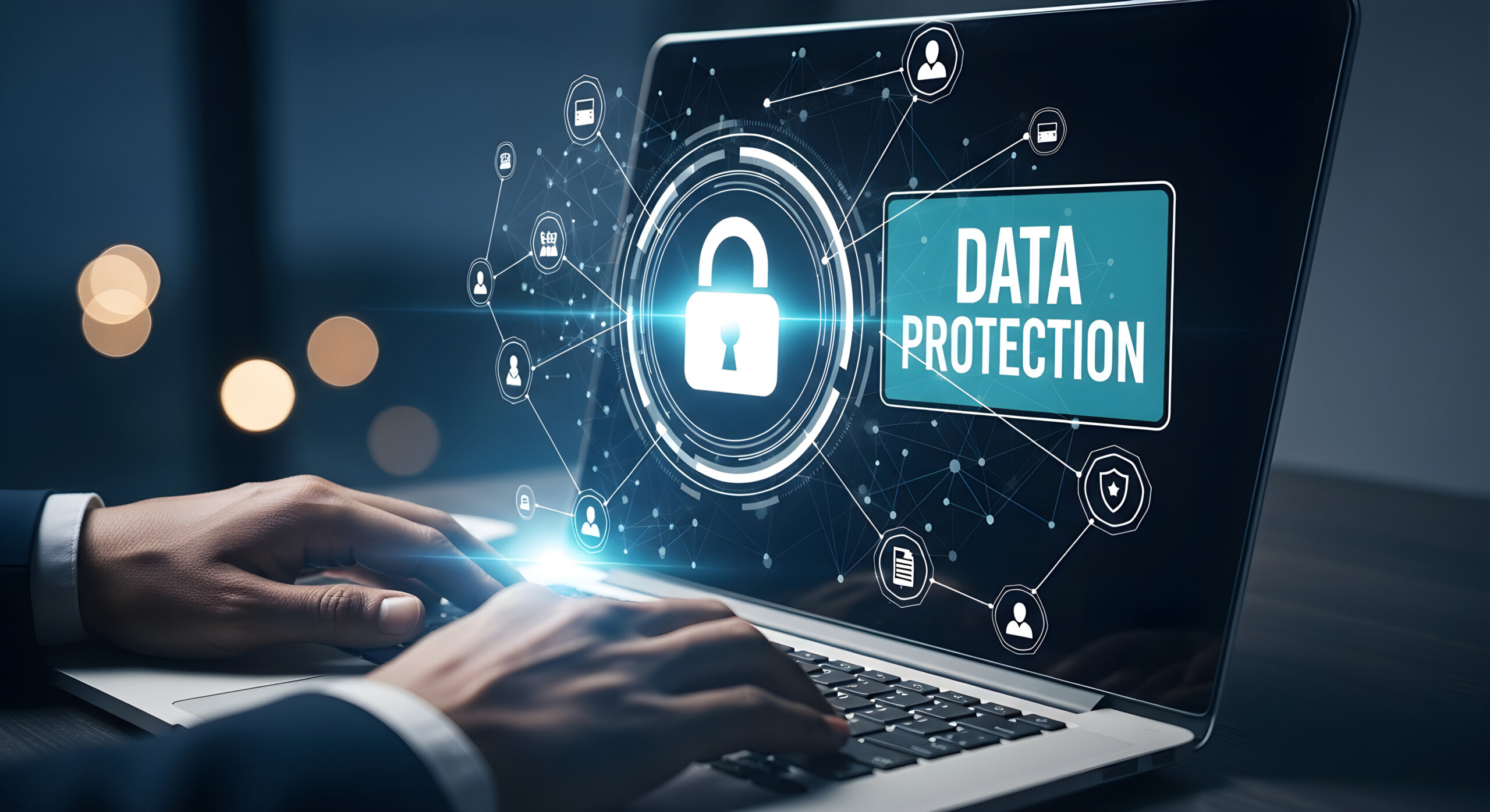 Modern Office Scene Featuring Data Protection Interface and Cybersecurity Symbolism for corporate websites, data compliance training materials, infographics about digital security, or IT presentations