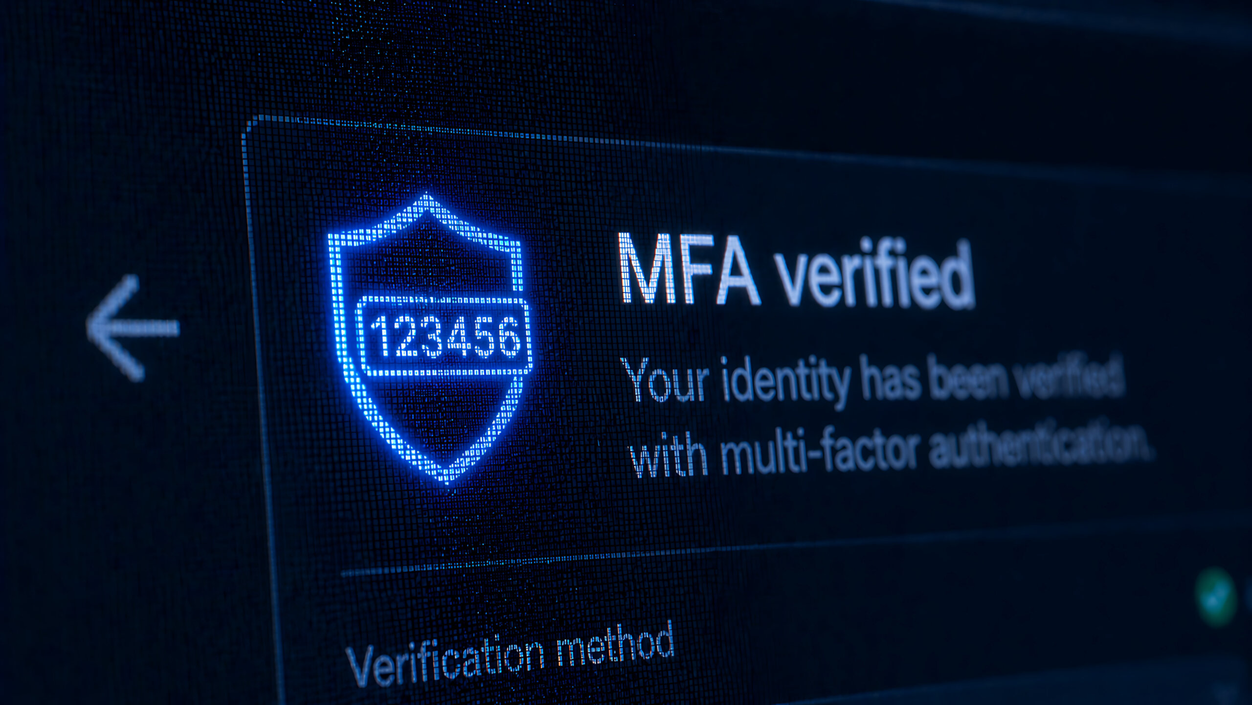 Multi factor authentication verified interface showing otp code on blue shield for two step login verification success