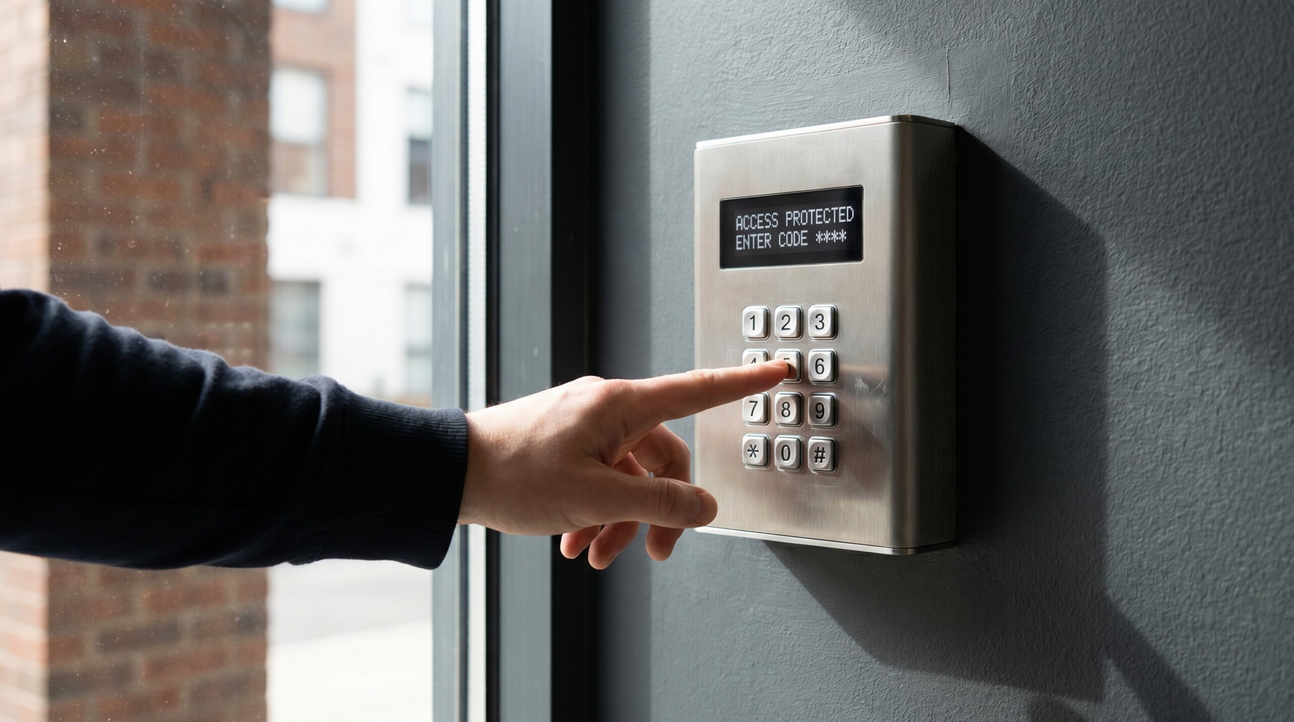 Digital security keypad on office wall, hand entering access code, electronic door lock system for building safety