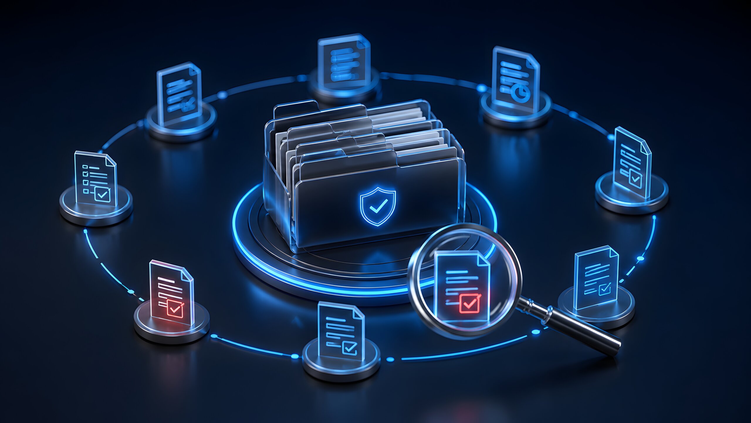 3D illustration of secure digital folder with verification shield surrounded by floating documents and magnifying glass for data audit.